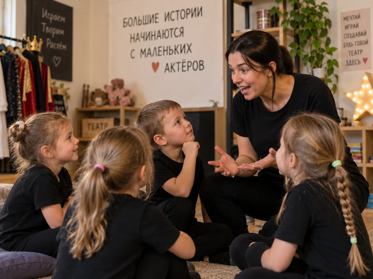Педагог беседует с дошкольниками на театральном занятии